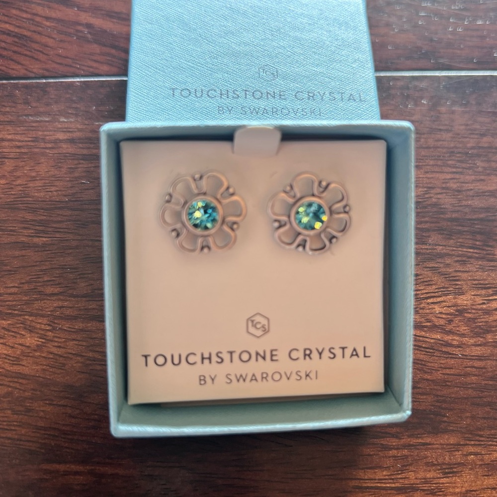 Touchstone Crystal Floral Silver Earrings with Teal Accents